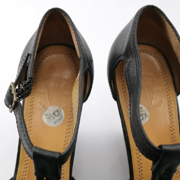 Frye Womens Gwen Sandal Size 9.5 Black Leather Woven T-Strap Wedge Heel Peep Toe - Picture 10 of 12